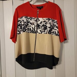 Ming Wang Size L Short Sleeve Knit Zip Front Blouse Top lagenlook Red Beige